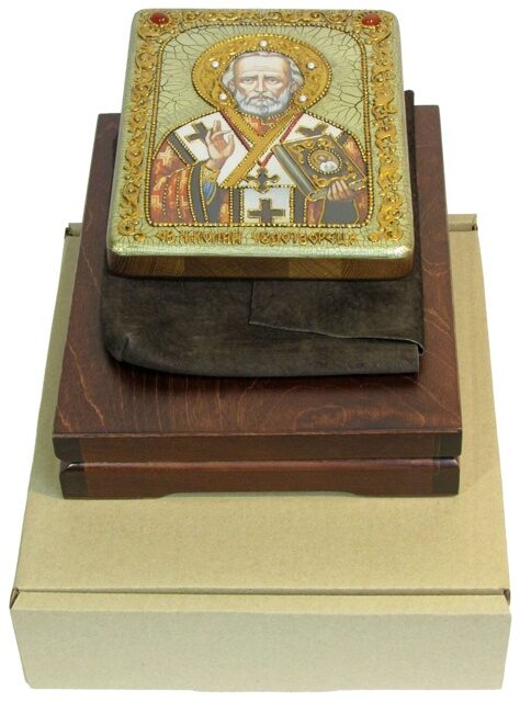 Подарочная икона "Святитель Николай, архиепископ Мир Ликийский (Мирликийский), чудотворец" на мореном дубе